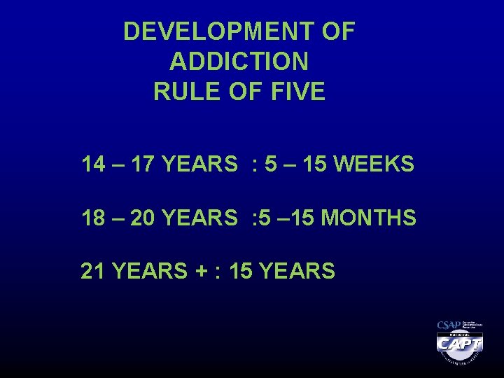 DEVELOPMENT OF ADDICTION RULE OF FIVE 14 – 17 YEARS : 5 – 15