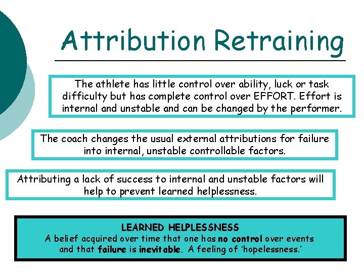 Attribution Retraining The athlete has little control over ability, luck or task difficulty but