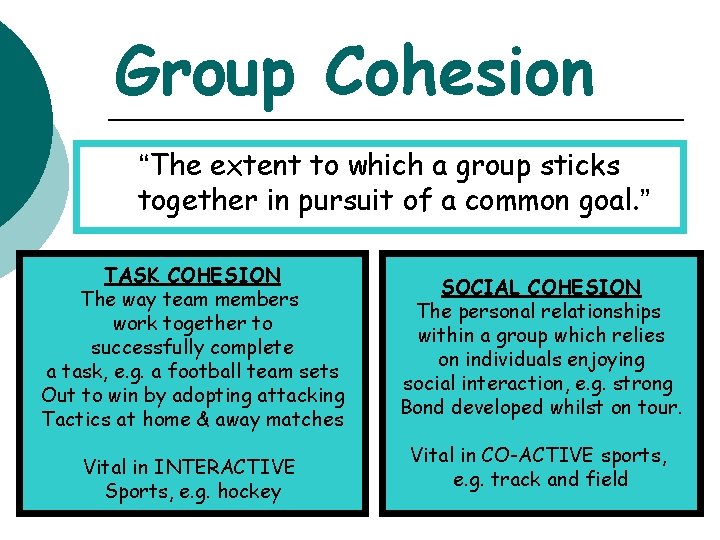 Group Cohesion “The extent to which a group sticks together in pursuit of a
