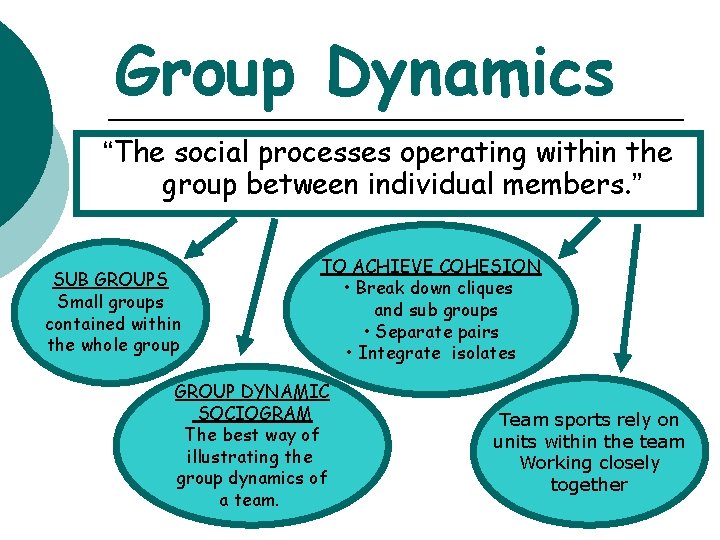Group Dynamics “The social processes operating within the group between individual members. ” SUB