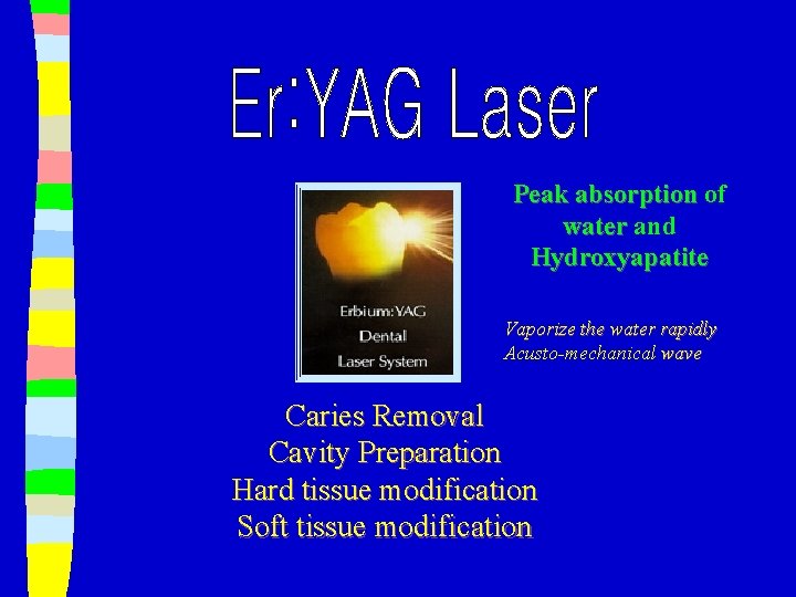 Peak absorption of water and Hydroxyapatite Vaporize the water rapidly Acusto-mechanical wave Caries Removal