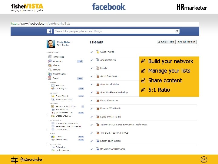 Build your network Manage your lists Share content 5: 1 Ratio 25 