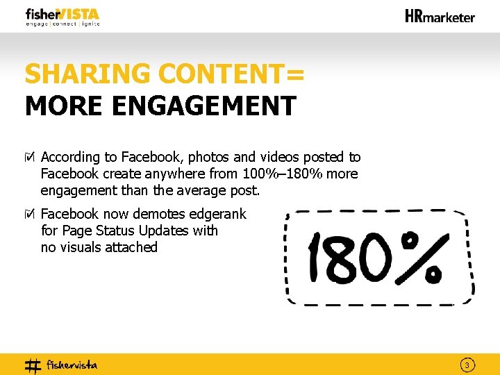 SHARING CONTENT= MORE ENGAGEMENT According to Facebook, photos and videos posted to Facebook create