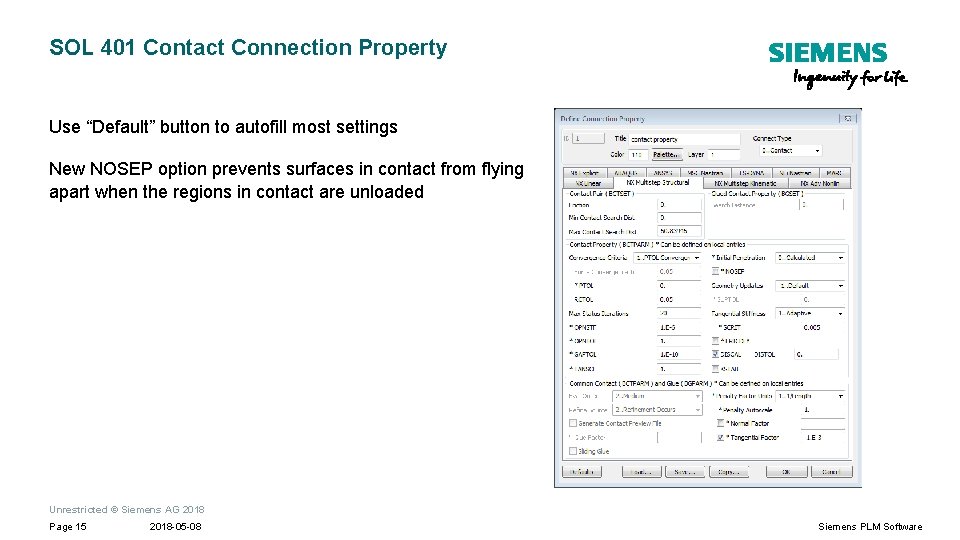 SOL 401 Contact Connection Property Use “Default” button to autofill most settings New NOSEP