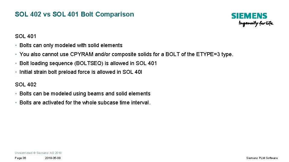 SOL 402 vs SOL 401 Bolt Comparison SOL 401 • Bolts can only modeled