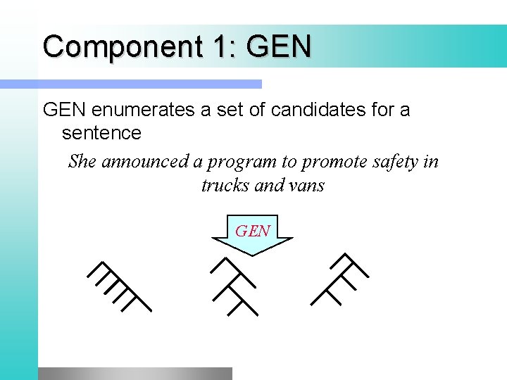 Component 1: GEN enumerates a set of candidates for a sentence She announced a