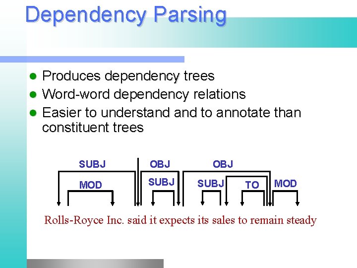 Dependency Parsing Produces dependency trees l Word-word dependency relations l Easier to understand to