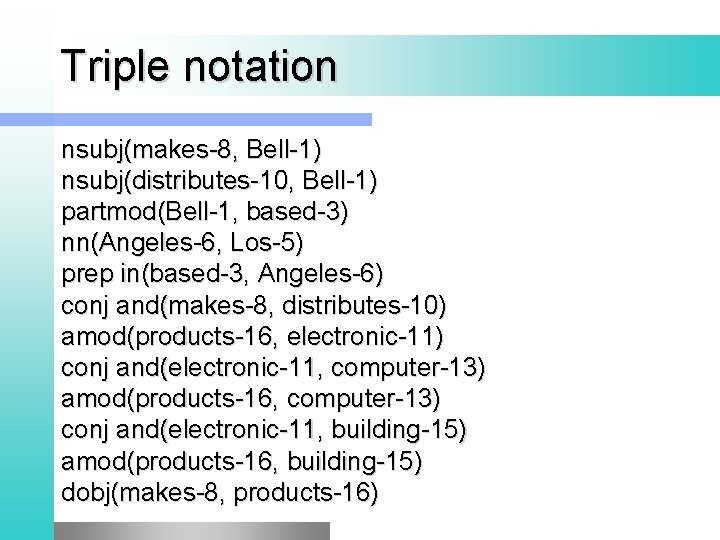 Triple notation nsubj(makes-8, Bell-1) nsubj(distributes-10, Bell-1) partmod(Bell-1, based-3) nn(Angeles-6, Los-5) prep in(based-3, Angeles-6) conj