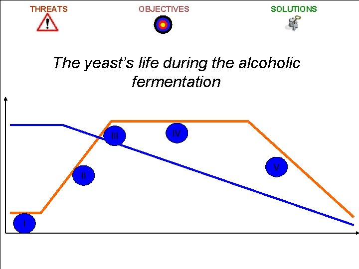 THREATS OBJECTIVES SOLUTIONS The yeast’s life during the alcoholic fermentation III II I IV