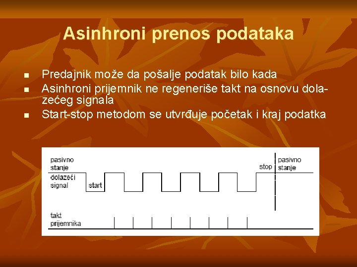 Asinhroni prenos podataka n n n Predajnik može da pošalje podatak bilo kada Asinhroni Asinhroni prenos podataka n n n Predajnik može da pošalje podatak bilo kada Asinhroni