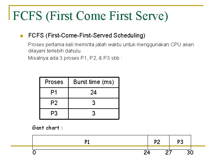 FCFS (First Come First Serve) n FCFS (First-Come-First-Served Scheduling) Proses pertama kali meminta jatah