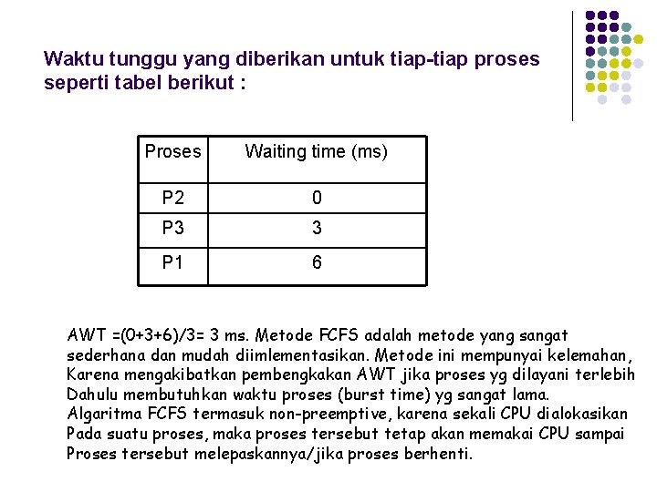 Waktu tunggu yang diberikan untuk tiap-tiap proses seperti tabel berikut : Proses Waiting time