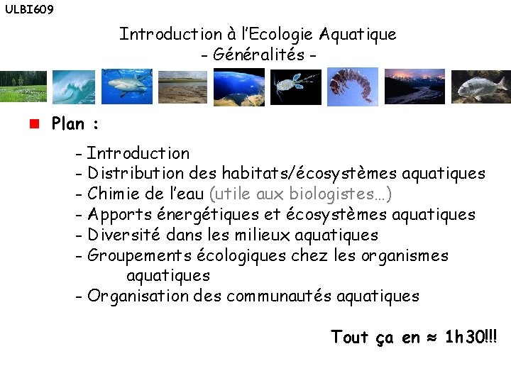 ULBI 609 Introduction à l’Ecologie Aquatique - Généralités - Plan : - Introduction -