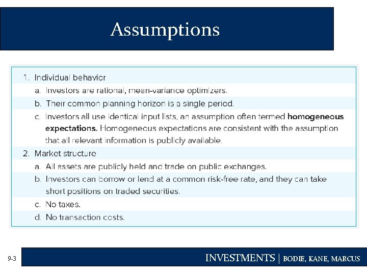 Assumptions 9 -3 INVESTMENTS | BODIE, KANE, MARCUS 