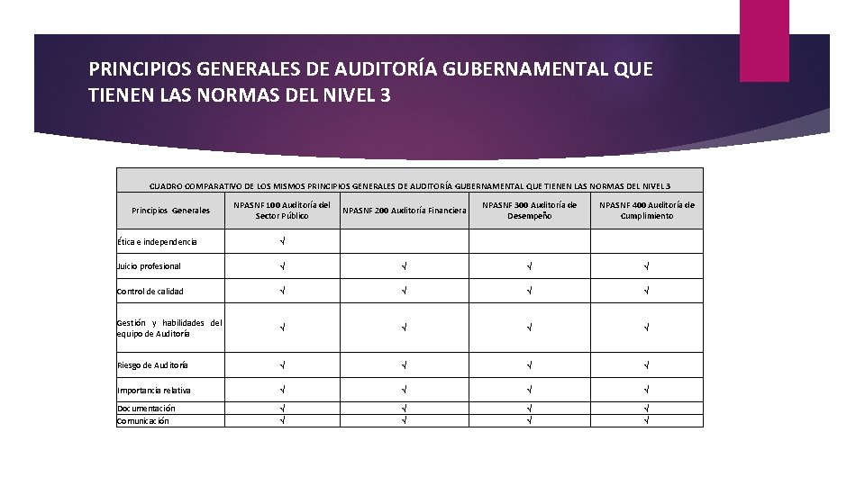 PRINCIPIOS GENERALES DE AUDITORÍA GUBERNAMENTAL QUE TIENEN LAS NORMAS DEL NIVEL 3 CUADRO COMPARATIVO