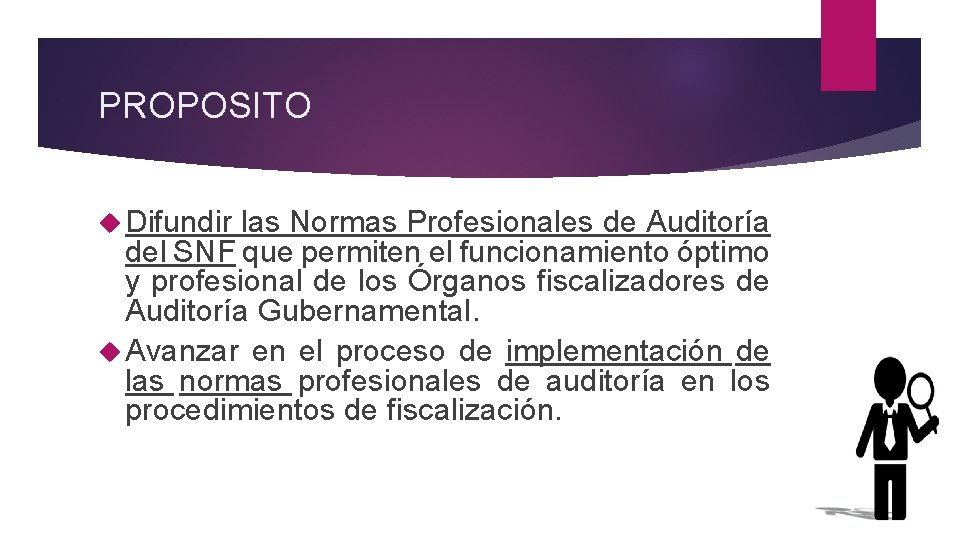 PROPOSITO Difundir las Normas Profesionales de Auditoría del SNF que permiten el funcionamiento óptimo