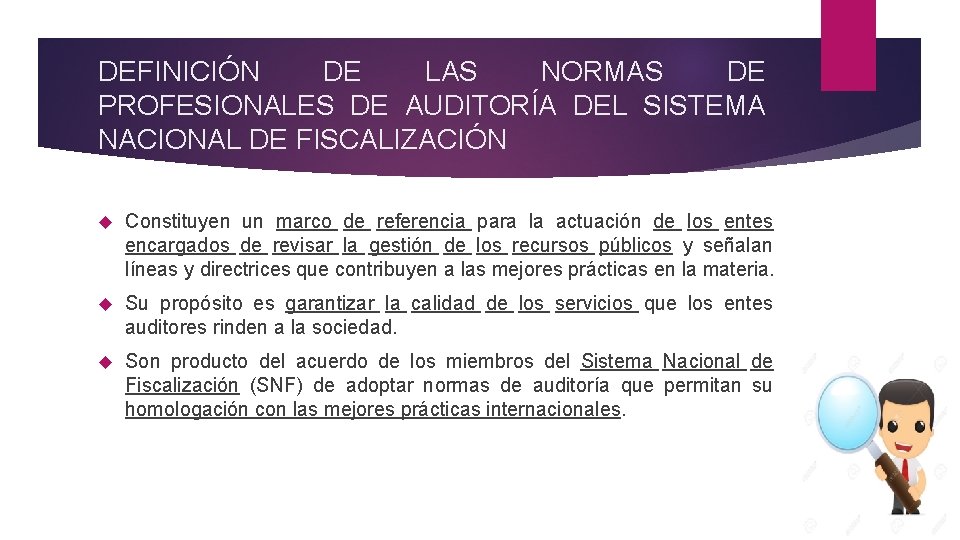 DEFINICIÓN DE LAS NORMAS DE PROFESIONALES DE AUDITORÍA DEL SISTEMA NACIONAL DE FISCALIZACIÓN Constituyen