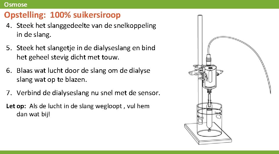 Osmose Opstelling: 100% suikersiroop 4. Steek het slanggedeelte van de snelkoppeling in de slang.