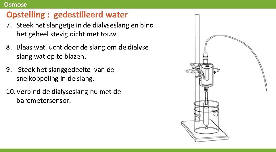 Osmose Opstelling : gedestilleerd water 7. Steek het slangetje in de dialyseslang en bind