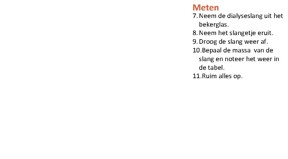 Meten 7. Neem de dialyseslang uit het bekerglas. 8. Neem het slangetje eruit. 9.