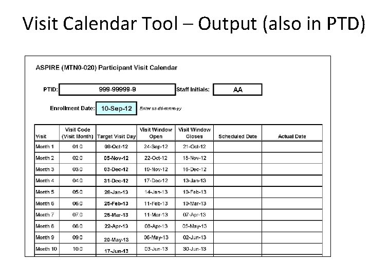 Visit Calendar Tool – Output (also in PTD) 