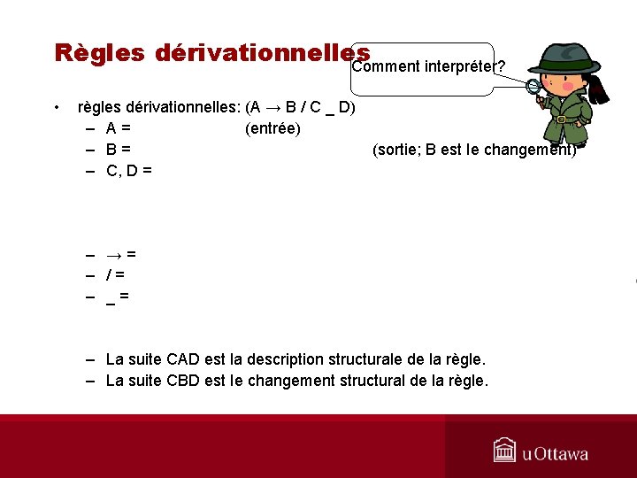 Règles dérivationnelles Comment interpréter? • règles dérivationnelles: (A → B / C _ D)