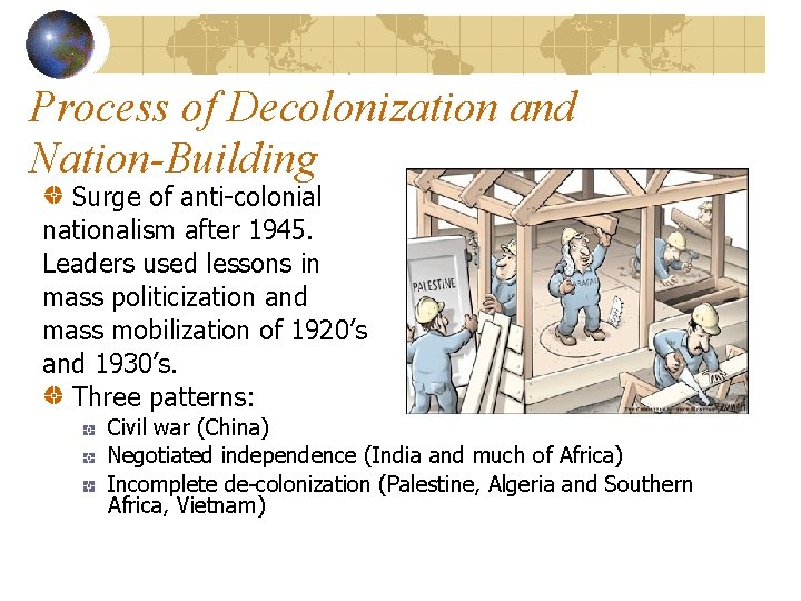 Process of Decolonization and Nation-Building Surge of anti-colonial nationalism after 1945. Leaders used lessons