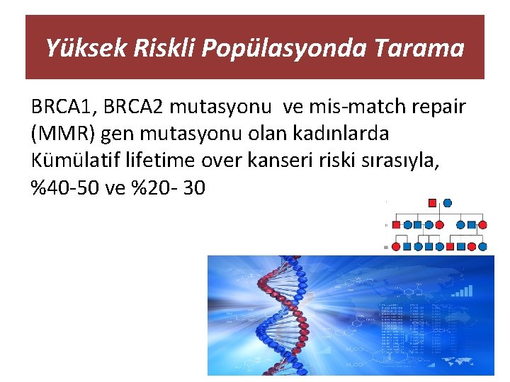 Yüksek Riskli Popülasyonda Tarama BRCA 1, BRCA 2 mutasyonu ve mis-match repair (MMR) gen