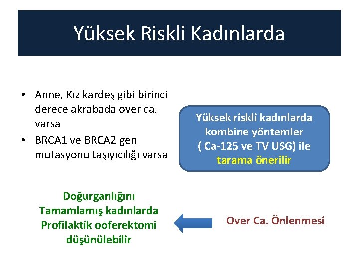 Yüksek Riskli Kadınlarda • Anne, Kız kardeş gibi birinci derece akrabada over ca. varsa