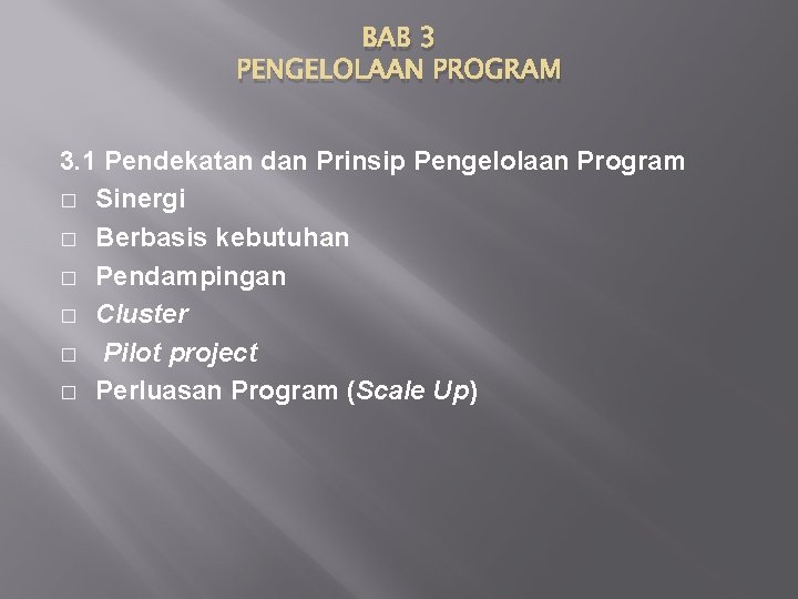 BAB 3 PENGELOLAAN PROGRAM 3. 1 Pendekatan dan Prinsip Pengelolaan Program � Sinergi �