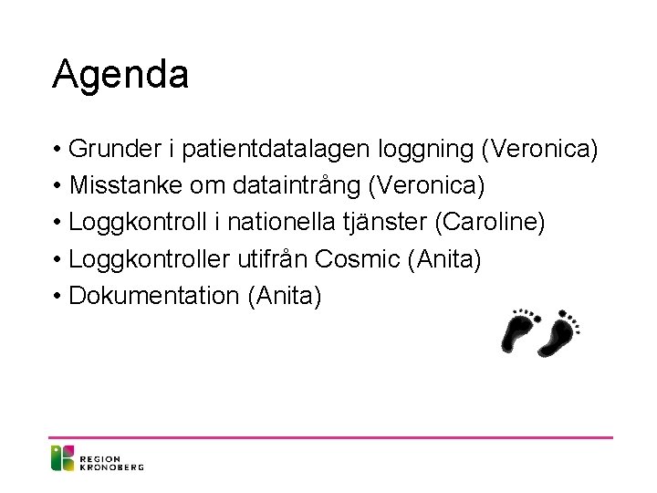 Agenda • Grunder i patientdatalagen loggning (Veronica) • Misstanke om dataintrång (Veronica) • Loggkontroll