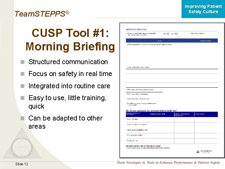 Improving Patient Safety Culture Team. STEPPS® CUSP Tool #1: Morning Briefing n Structured communication