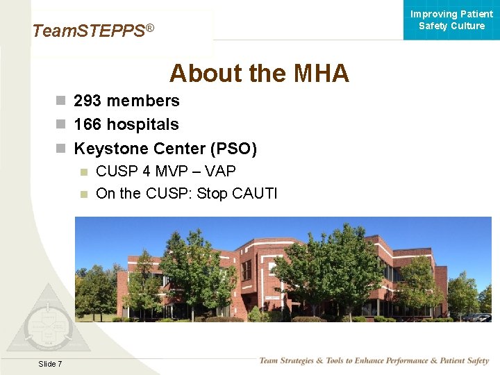 Improving Patient Safety Culture Team. STEPPS® About the MHA n 293 members n 166
