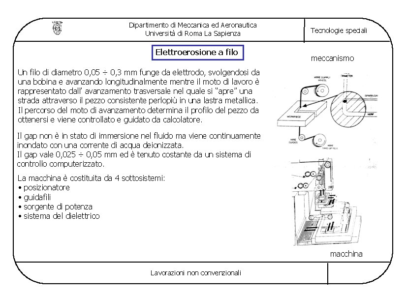 Dipartimento di Meccanica ed Aeronautica Università di Roma La Sapienza Elettroerosione a filo Tecnologie