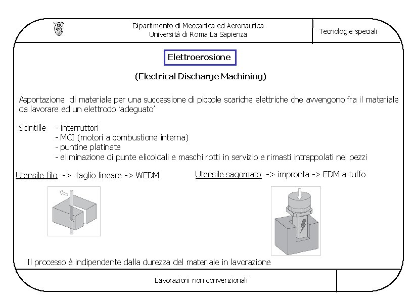 Dipartimento di Meccanica ed Aeronautica Università di Roma La Sapienza Tecnologie speciali Elettroerosione (Electrical