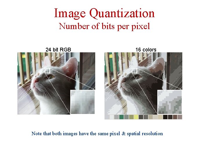 Image Quantization Number of bits per pixel 24 bit RGB 16 colors Note that