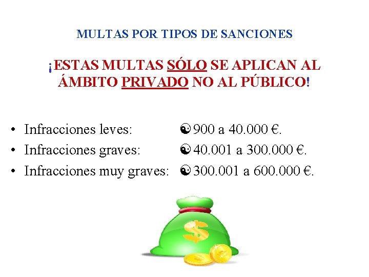 MULTAS POR TIPOS DE SANCIONES ¡ESTAS MULTAS SÓLO SE APLICAN AL ÁMBITO PRIVADO NO MULTAS POR TIPOS DE SANCIONES ¡ESTAS MULTAS SÓLO SE APLICAN AL ÁMBITO PRIVADO NO