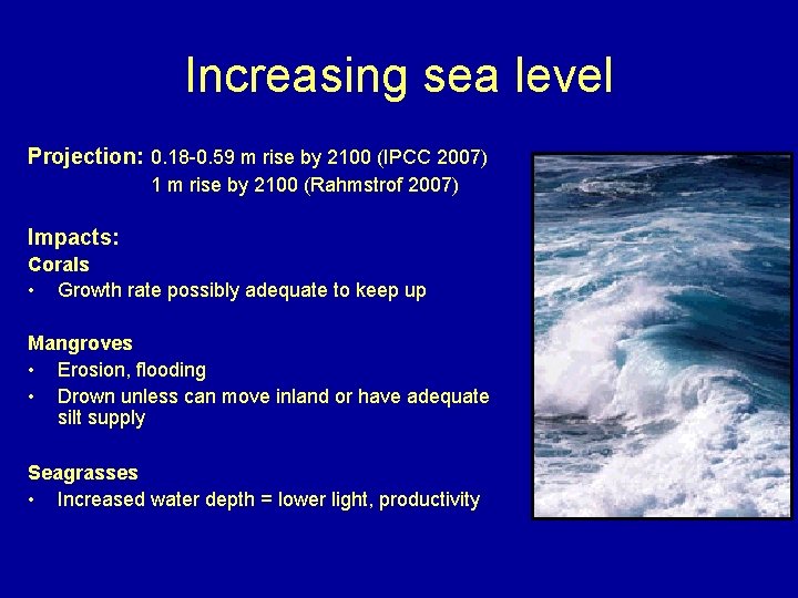 Increasing sea level Projection: 0. 18 -0. 59 m rise by 2100 (IPCC 2007)