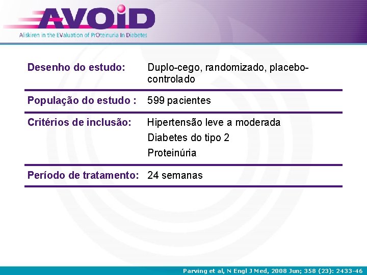 Desenho do estudo: Duplo-cego, randomizado, placebocontrolado População do estudo : 599 pacientes Critérios de