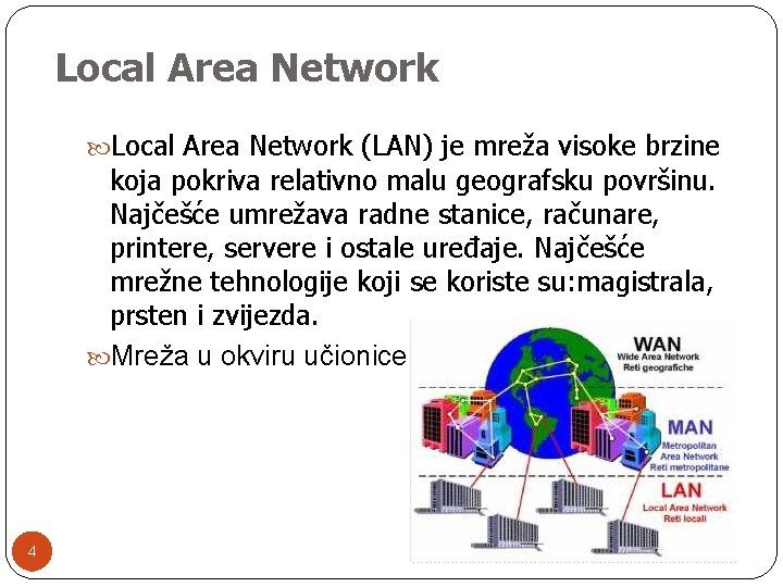 Local Area Network (LAN) je mreža visoke brzine koja pokriva relativno malu geografsku površinu.