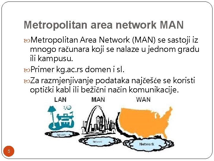 Metropolitan area network MAN Metropolitan Area Network (MAN) se sastoji iz mnogo računara koji