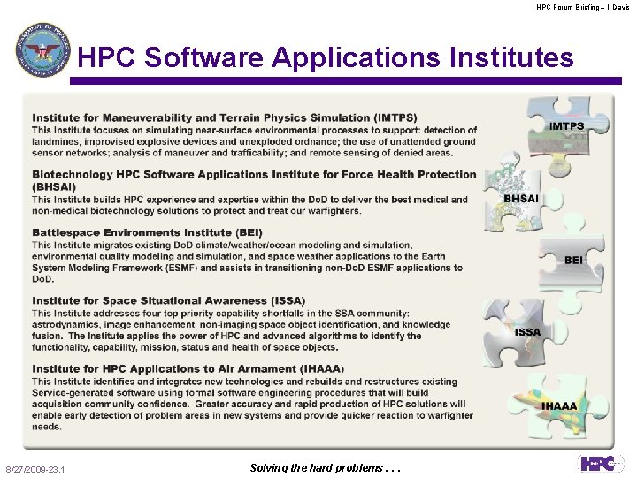 HPC Forum Briefing – l. Davis HPC Software Applications Institutes 8/27/2009 -23. 1 Solving