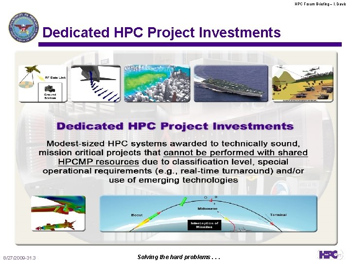 HPC Forum Briefing – l. Davis Dedicated HPC Project Investments 8/27/2009 -31. 3 Solving