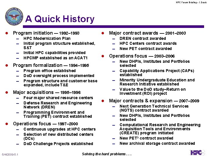 HPC Forum Briefing – l. Davis A Quick History l Program initiation — 1992–