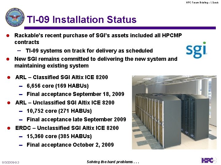 HPC Forum Briefing – l. Davis TI-09 Installation Status l Rackable’s recent purchase of