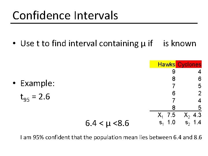 Confidence Intervals • Use t to find interval containing μ if • Example: t Confidence Intervals • Use t to find interval containing μ if • Example: t