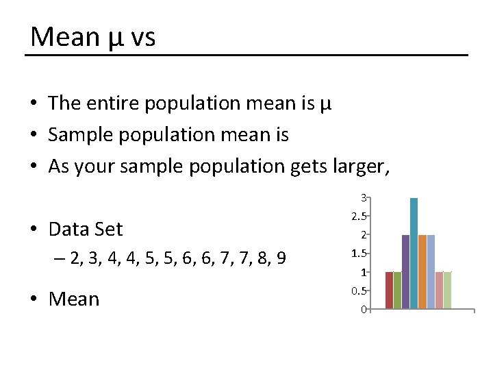 Mean μ vs • The entire population mean is μ • Sample population mean Mean μ vs • The entire population mean is μ • Sample population mean