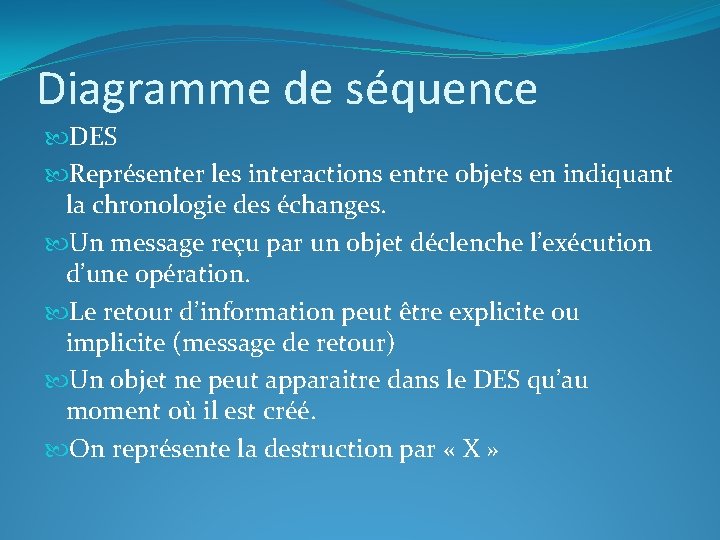 Diagramme de séquence DES Représenter les interactions entre objets en indiquant la chronologie des