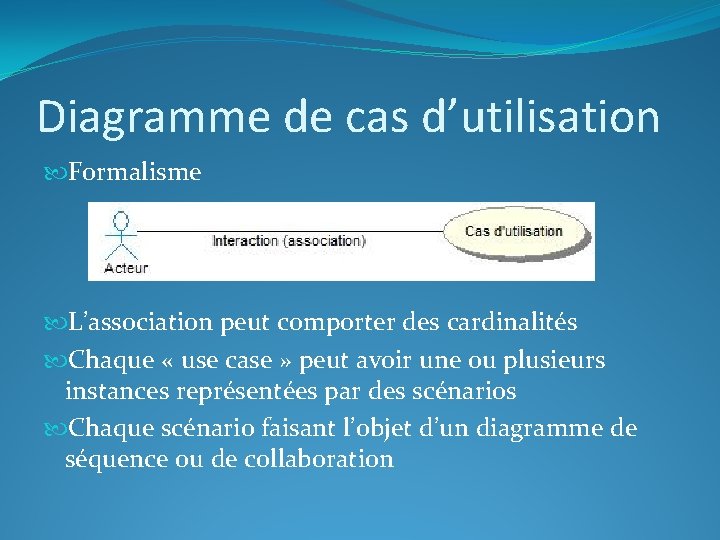 Diagramme de cas d’utilisation Formalisme L’association peut comporter des cardinalités Chaque « use case