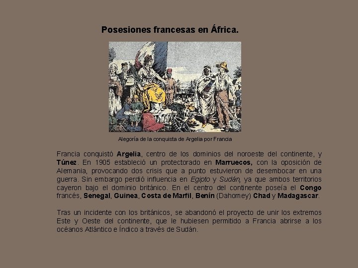 Posesiones francesas en África. Alegoría de la conquista de Argelia por Francia conquistó Argelia,